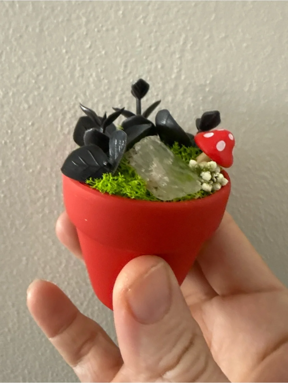 Handmade Red Mini Decorative Planter with Black Leaf Accents and Clear Crystal